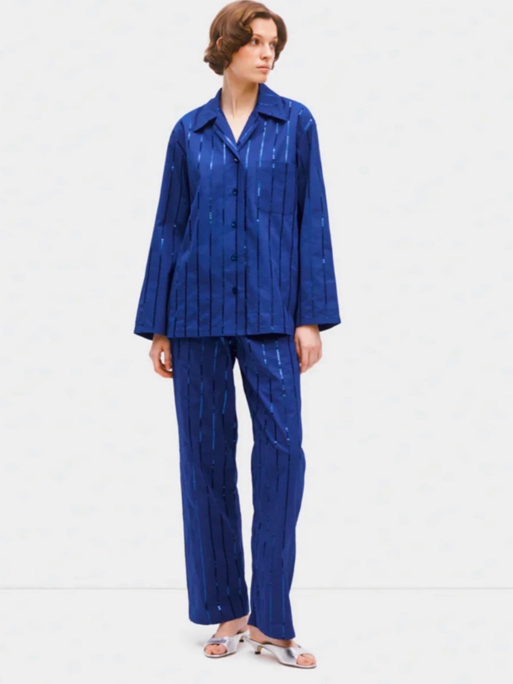 Sleeper Milky Way Sequin Set Stripe Pants top Set royal navy blue LARGE NEW